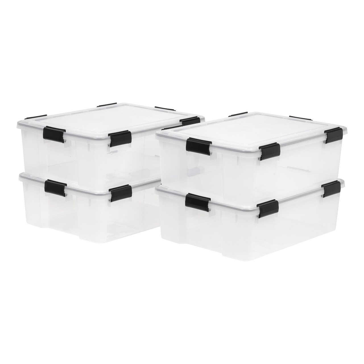 IRIS USA 41 Qt Storage Box with Gasket Seal Lid, 4 Pack - BPA-Free, Made in USA - Heavy Duty Moving Containers with Tight Latch, Weather Proof Tote Bin, WEATHERPRO - Clear/Black